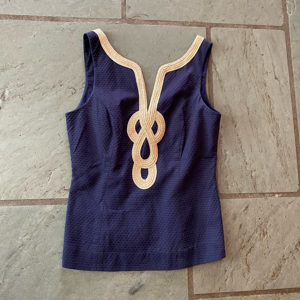 Lily Pulitzer Dark blue with gold embroidery top